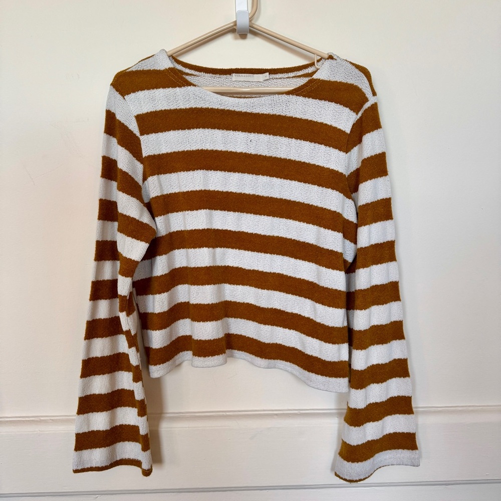 Striped Brown/Gold and White Women's Top w/ Bell Sleeves